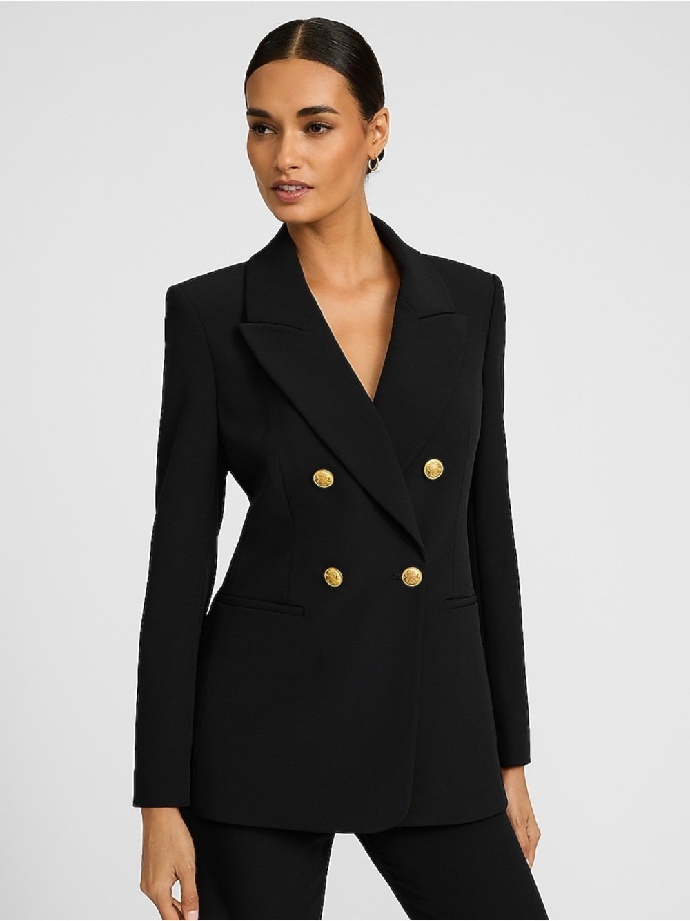 Express Double Breasted Novelty Button Long Slim Blazer in Studio Stretch Twill
